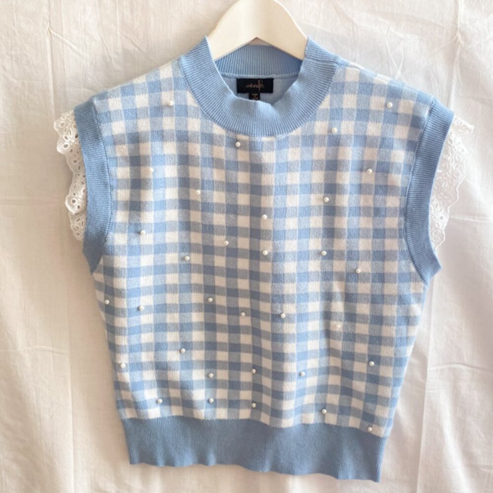 Ontwelfth Pearl Embellished Sleeveless Crew Neck Sz M Gingham Checkered Sweater